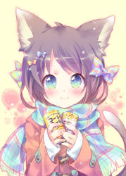 Rule 34 | 1girl, animal ears, aqua eyes, bow, brown hair, can, cat ears, cat tail, drink can, ech, hair bow, highres, jacket, long sleeves, looking at viewer, original, scarf, smile, soda can, solo, tail, upper body