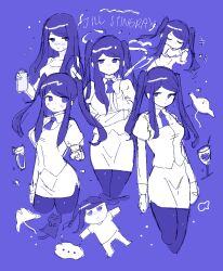 Rule 34 | 1girl, blue background, camiyaki, cat, cigarette, closed eyes, english text, formal, jacket, jill stingray, looking at viewer, necktie, pantyhose, purple eyes, purple hair, simple background, skirt, suit, twintails, twitter, va-11 hall-a