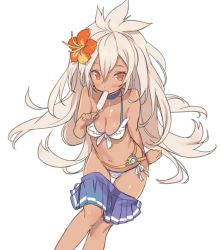 Rule 34 | 10s, 1girl, arm at side, bikini, blade (galaxist), blonde hair, blue skirt, blush, breasts, choker, cleavage, clothes pull, collarbone, dark-skinned female, dark skin, eating, flower, food, from above, front-tie bikini top, front-tie top, granblue fantasy, hair between eyes, hair flower, hair ornament, hibiscus, holding, holding food, long hair, looking at viewer, looking up, medium breasts, melting, messy hair, navel, orange eyes, pleated skirt, popsicle, side-tie bikini bottom, sitting, skirt, skirt pull, solo, stomach, swimsuit, thigh gap, very long hair, white bikini, zooey (granblue fantasy), zooey (summer) (granblue fantasy)