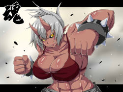 Rule 34 | 1girl, abs, bikini, bikini top only, black sclera, bracelet, breasts, cleavage, colored sclera, colored skin, demon girl, dream demon, earrings, fangs, hair up, horns, huge breasts, jewelry, monster girl, muscle, muscular, muscular female, oni, original, pointy ears, ponytail, punching, red skin, silver hair, solo, spiked bracelet, spikes, swimsuit, yellow eyes
