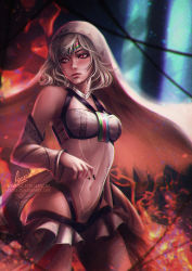Rule 34 | 1girl, altera (fate), artist name, axsen, black nails, blurry, body markings, breasts, chromatic aberration, circlet, dark-skinned female, dark skin, depth of field, detached sleeves, eyebrows, eyelashes, fate/grand order, fate (series), groin, lips, looking to the side, medium breasts, microskirt, midriff, nail polish, navel, red eyes, signature, silver hair, skirt, solo, veil, watermark, web address