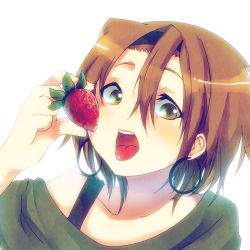 Rule 34 | 1girl, bad id, bad pixiv id, bare shoulders, brown hair, casual, dancho (dancyo), earrings, food, fruit, hairband, headband, holding, holding food, holding fruit, hoop earrings, jewelry, k-on!, listen!!, no nose, open mouth, round teeth, short hair, skull.03, solo, strawberry, tainaka ritsu, teeth, tongue, tongue out, yellow eyes