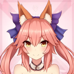 Rule 34 | 10s, 1girl, animal ears, bad id, bad pixiv id, bare shoulders, blue ribbon, blush, collarbone, fate/extra, fate (series), fox ears, hair ribbon, highres, looking at viewer, pink hair, portrait, rachione, ribbon, solo, tamamo (fate), tamamo no mae (fate/extra), upper body, yellow eyes