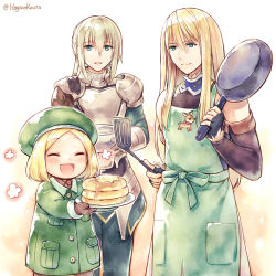 Rule 34 | 1girl, 2boys, :d, ^ ^, apron, armor, bedivere (fate), beret, black gloves, black pants, blonde hair, blush, bowl, breastplate, brown gloves, brown pantyhose, brown shirt, brown sleeves, closed eyes, closed mouth, collared jacket, collared shirt, commentary request, detached sleeves, fate/grand order, fate (series), fingerless gloves, fionn mac cumhaill (fate/grand order), food, forehead, frying pan, gauntlets, gloves, green apron, green eyes, green hat, green jacket, hagino kouta, hair between eyes, hat, holding, holding bowl, holding frying pan, holding plate, jacket, light brown hair, long hair, long sleeves, looking at another, looking at viewer, looking away, multiple boys, open mouth, pancake, pancake stack, pants, pantyhose, parted bangs, paul bunyan (fate), plate, print apron, shirt, sleeveless, sleeveless shirt, smile, spatula, twitter username, very long hair