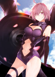 Rule 34 | 1girl, ahoge, bad id, bad pixiv id, bare shoulders, blue sky, breasts, closed mouth, clothing cutout, commentary, contrapposto, elbow gloves, eyes visible through hair, fate/grand order, fate (series), gloves, hair over one eye, highres, hplay, large breasts, leotard, mash kyrielight, navel, navel cutout, outdoors, pink eyes, pink hair, purple gloves, purple leotard, shield, short hair, sky, solo, standing