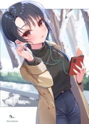 Rule 34 | 1girl, black hair, black pants, black sweater, blush, brown jacket, cellphone, commentary request, ear piercing, earbuds, earphones, hair between eyes, holding, holding earphones, holding phone, itoi toi, jacket, long hair, looking at viewer, open clothes, open jacket, original, pants, parted bangs, parted lips, phone, piercing, red eyes, signature, snow, solo, sweater, tree, turtleneck, turtleneck sweater, twitter username
