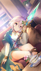 Rule 34 | 1girl, bridal gauntlets, cape, couch, cowengium, cup, dress, dutch angle, elf, flower, glowing, glowing weapon, gold trim, green cape, hair between eyes, hair ornament, highres, holding, holding polearm, holding spear, holding weapon, indoors, kokkoro (princess connect!), leaf hair ornament, long hair, looking at viewer, on couch, pink flower, pointy ears, polearm, princess connect!, purple eyes, see-through, short dress, short hair, silver hair, sitting, solo, spear, steam, table, tea, teacup, thighs, two-tone dress, vase, weapon