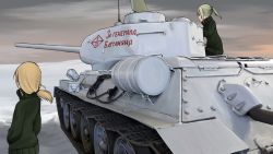 Rule 34 | 2girls, artist request, blonde hair, blue eyes, caterpillar tracks, coat, evening, highres, light green hair, long hair, military, military vehicle, motor vehicle, multiple girls, original, ponytail, russian text, sky, snow, t-34, t-34-85, tank, toolbox, translation request