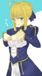 Rule 34 | 1girl, ahoge, artoria pendragon (all), artoria pendragon (fate), blonde hair, blush, breast conscious, breasts, cleavage, cleavage cutout, clothing cutout, collarbone, dress, dress tug, embarrassed, fate/stay night, fate (series), flying sweatdrops, green eyes, hair ribbon, highres, juliet sleeves, kosdsp, long sleeves, puffy sleeves, ribbon, saber (fate), short hair, solo