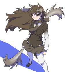 Rule 34 | 1girl, animal ear fluff, animal ears, antlers, black footwear, black skirt, clenched hand, commentary, extra ears, highres, horns, kemono friends, long hair, long sleeves, moose (kemono friends), moose ears, pantyhose, shoes, simple background, skirt, solo, standing, tail, tanabe (fueisei), weapon, white background, white pantyhose, wind