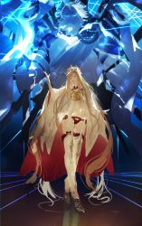 Rule 34 | 1boy, 1girl, absurdly long hair, absurdres, beard, blonde hair, breasts, cape, crown, dress, europa (fate), facial hair, fate/grand order, fate (series), full body, giant, glowing, glowing eyes, highres, kuronoiparoma, legs, lightning, long hair, long sleeves, off-shoulder dress, off shoulder, open mouth, pale skin, panties, purple eyes, red cape, red panties, thighhighs, underwear, very long hair, white dress, white hair, white thighhighs, wide sleeves, zeus (fate)