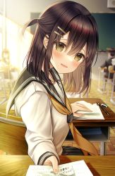 Rule 34 | 1girl, :d, absurdres, black sailor collar, black skirt, blush, brown hair, classroom, eraser, from behind, green eyes, hair ornament, hairclip, highres, holding, holding paper, indoors, kuro namako, long sleeves, looking at viewer, looking back, neckerchief, one side up, open mouth, original, paper, parted lips, pen, pov, sailor collar, school uniform, serafuku, shirt, short hair, sitting, skirt, smile, solo focus, translation request, upper body, white shirt, yellow neckerchief