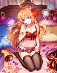 Rule 34 | 1girl, :d, absurdres, ahoge, black thighhighs, blue eyes, breasts, candy, cleavage, collarbone, commentary request, food, full body, hair ornament, hair ribbon, hand up, heart, heart hair ornament, highres, lollipop, long hair, looking at viewer, ninto, open mouth, orange hair, pecorine (princess connect!), pillow, princess connect!, red ribbon, ribbon, sitting, smile, solo, thighhighs
