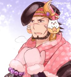 Rule 34 | &gt;:o, 1boy, :o, bad id, bad pixiv id, beard, blush, bracer, breath, brown hair, commentary request, earmuffs, earrings, facial hair, flipped hair, gradient background, hands on own chest, hands up, hat, jewelry, looking away, male focus, mashiro miru, mittens, nose blush, ookuninushi (p&amp;d), open mouth, pink scarf, polka dot, polka dot scarf, print scarf, purple eyes, puzzle &amp; dragons, scar, scar on face, scar on nose, scarf, short hair, solo, tamadra, twitter username, upper body, v-shaped eyebrows, wristband