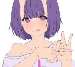 Rule 34 | 1girl, blush, fate/grand order, fate (series), heart, heart-shaped pupils, horns, incloud, oni, penetration gesture, purple eyes, purple hair, short hair, shuten douji (fate), simple background, sketch, skin-covered horns, smile, solo, symbol-shaped pupils, tongue, white background