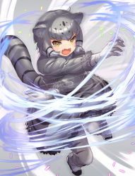 Rule 34 | 1girl, animal ear fluff, animal ears, attack, cat ears, cat girl, cat tail, crossed arms, fangs, frilled skirt, frills, full body, fur-trimmed sleeves, fur trim, gloves, grey gloves, grey hair, grey pantyhose, grey skirt, grey sweater, highres, kemono friends, long sleeves, looking at viewer, multicolored hair, open mouth, pallas&#039;s cat (kemono friends), pantyhose, short hair, skirt, solo, striped tail, sweater, tadano magu, tail, v-shaped eyebrows, wavy mouth, white gloves, yellow eyes