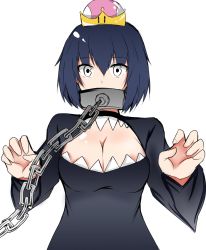 Rule 34 | 1girl, adapted costume, black dress, black hair, breasts, chain, chain leash, cleavage, cleavage cutout, clothing cutout, crown, dress, grey eyes, hair between eyes, highres, isshii13, large breasts, leash, long sleeves, looking at viewer, mario (series), new super mario bros. u deluxe, nintendo, personification, princess chain chomp, short sleeves, simple background, solo, super crown, upper body, white background