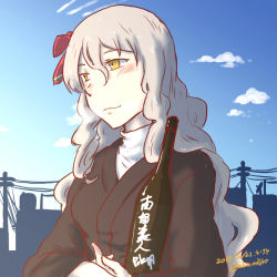 Rule 34 | 1girl, alternate costume, blue sky, blush, bottle, bow, cloud, dated, day, hair between eyes, hair bow, holding, holding bottle, japanese clothes, kantai collection, light, long sleeves, pola (kancolle), power lines, red bow, samusio, sky, smile, solo, translation request, twitter username, upper body, wavy hair, wavy mouth, white hair, yellow eyes