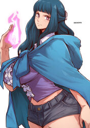 Rule 34 | 1girl, aosora2823, artist name, black shorts, blue hair, blue jacket, blush, breasts, closed mouth, commentary, ein (one piece), frilled shirt, frills, hand up, highres, hood, hooded jacket, jacket, large breasts, long hair, looking at viewer, midriff, navel, one piece, one piece film: z, pink eyes, purple shirt, shirt, short shorts, shorts, simple background, solo, thighs, white background