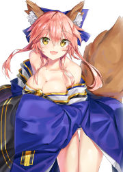 Rule 34 | 1girl, absurdres, animal ear fluff, animal ears, bare shoulders, blue kimono, blue ribbon, blush, breasts, cleavage, collarbone, fate/extra, fate/grand order, fate (series), fox ears, fox girl, fox tail, hair ribbon, highres, japanese clothes, kimono, kuse (0201), large breasts, looking at viewer, open mouth, panties, pink hair, ribbon, simple background, solo, striped clothes, striped panties, tail, tamamo (fate), tamamo no mae (fate/extra), underwear, white background, yellow eyes