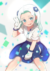 Rule 34 | 1girl, :d, absurdres, between legs, blue eyes, blue skirt, blush, bright pupils, capo1 1, collarbone, commentary, confetti, flower, forehead, from above, gloves, green hair, hair flower, hair ornament, hand between legs, hand up, haneuzu miuneru, highres, looking at viewer, multicolored hair, open mouth, shirt, short sleeves, sitting, skirt, smile, solo, virtual youtuber, voms, w, white gloves, white hair, white pupils, white shirt, wing collar