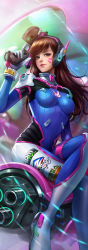 Rule 34 | 1girl, animal print, bodysuit, breasts, brown hair, charm (object), clothes writing, crossed legs, d.va (overwatch), facepaint, facial mark, gun, handgun, headphones, highres, holding, holding gun, holding weapon, image sample, jpeg artifacts, juvia ho, light smile, lips, logo, long hair, looking at viewer, mecha, medium breasts, meka (overwatch), nose, overwatch, overwatch 1, parted lips, pilot suit, pistol, rabbit print, ribbed bodysuit, robot, sitting, sitting on object, skin tight, solo, swept bangs, trigger discipline, weapon, whisker markings