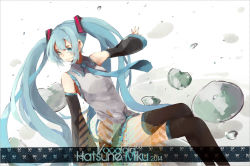 Rule 34 | 10s, 1girl, 2014, aqua eyes, aqua hair, bad id, bad pixiv id, character name, copyright name, detached sleeves, hatsune miku, highres, kuwa (katko), crossed legs, long hair, necktie, outstretched arm, sitting, skirt, solo, thighhighs, twintails, very long hair, vocaloid