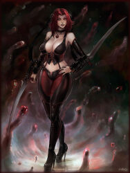 Rule 34 | 1girl, blade, bloodrayne, bloodrayne (videogame), boots, breasts, choker, cleavage, corset, curvy, detached sleeves, dhampir, half-human, hand on own hip, high heels, jewelry, large breasts, looking at viewer, monster girl, navel, necklace, pants, rayne, red hair, sharp teeth, standing, teeth, thick lips, thick thighs, thighs, tight clothes, tight pants, undead, vampire, vempire, wide hips, yellow eyes