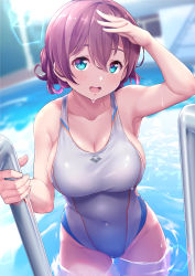 Rule 34 | 1girl, alternate hairstyle, arena (company), blue eyes, blush, breasts, brown hair, cleavage, commentary request, competition swimsuit, cowboy shot, emma verde, freckles, highres, kanabun, large breasts, lens flare, long hair, looking at viewer, love live!, love live! nijigasaki high school idol club, one-piece swimsuit, open mouth, pool ladder, smile, solo, swimsuit, wading, water, white one-piece swimsuit