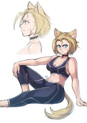 Rule 34 | 1girl, animal ears, bare shoulders, blonde hair, blue eyes, breasts, cammy white, cat ears, cat tail, cleavage, corviwing, crop top, fangs, highres, large breasts, pants, scar, scar on face, short hair, sleeveless, street fighter, street fighter 6, tail