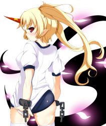Rule 34 | 1girl, alternate costume, alternate hairstyle, ass, bad id, bad pixiv id, blonde hair, blush, buruma, chain, clothes pull, covering privates, covering ass, cuffs, female focus, from behind, glowing, gym uniform, horns, hoshiguma yuugi, long hair, looking back, nishikou meri, nishimuku meri, petals, pink eyes, pointy ears, profile, shirt pull, shirt tug, single horn, solo, thighhighs, touhou, twintails, white thighhighs, wrist cuffs