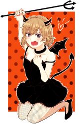 Rule 34 | 1girl, absurdres, angry, arai ako, black choker, black dress, black footwear, black pantyhose, blonde hair, blue eyes, blush, bright pupils, choker, commentary request, covering privates, demon horns, demon tail, demon wings, dress, dress tug, fang, fishnet pantyhose, fishnets, frown, girls und panzer, halloween costume, heart, high heels, highres, holding, horns, katyusha (girls und panzer), lace, lace-trimmed choker, lace-trimmed dress, lace trim, looking at viewer, open mouth, orange background, outline, outside border, pantyhose, polearm, polka dot, polka dot background, short dress, short hair, solo, spaghetti strap, squatting, strap slip, tail, trident, weapon, white outline, white pupils, wings