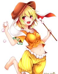 Rule 34 | 1girl, animal ears, artist name, blonde hair, breasts, brown hat, chikuwa savy, collarbone, commentary request, crop top, dango, flat cap, food, frills, groin, hair between eyes, hands up, hat, holding, holding food, leg up, looking at viewer, midriff, navel, open mouth, orange shirt, rabbit ears, red eyes, ringo (touhou), shirt, short hair, short sleeves, shorts, simple background, small breasts, smile, solo, star (symbol), star print, stomach, striped clothes, striped shorts, touhou, twitter username, vertical-striped clothes, vertical-striped shorts, wagashi, white background, yellow shorts