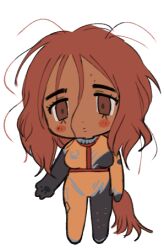 Rule 34 | 1girl, :o, black bodysuit, blush stickers, bodysuit, borrowed character, brown eyes, brown hair, chest harness, chibi, dog girl, dog tail, full body, hair between eyes, harness, lapithai, long hair, looking at viewer, lowres, messy hair, orange bodysuit, original, simple background, solo, standing, tail, tareme, transparent background