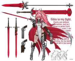 Rule 34 | 1girl, absurdres, armor, artist name, breasts, commission, english text, full body, gun, handgun, high heels, highres, holding, holding gun, holding sword, holding weapon, holster, leg tattoo, less, long hair, looking at viewer, medium breasts, no panties, original, pink eyes, pink hair, pointy ears, polearm, ponytail, revolver, simple background, smile, solo, spear, standing, sword, tattoo, thigh strap, watermark, weapon, white background