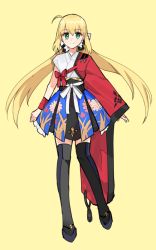 Rule 34 | 1girl, ahoge, alternate costume, appleale19, artoria caster (fate), artoria pendragon (fate), blonde hair, cosplay, costume switch, emiya shirou, fate/grand order, fate (series), floral print, full body, green eyes, japanese clothes, looking at viewer, senji muramasa (fate), senji muramasa (fate) (cosplay), simple background, skirt, smile, solo, thighhighs, twintails, wide sleeves, wristband, yellow background