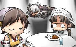 Rule 34 | 3girls, a dog of flanders, amatsukaze (kancolle), apron, bad food, bare shoulders, black dress, brown hair, capelet, commentary, cup, curry, curry rice, dated, detached sleeves, dress, drinking glass, eighth note, closed eyes, food, glasses, hair tubes, hairband, hamu koutarou, headgear, hiei (kancolle), highres, japanese clothes, kantai collection, long hair, long sleeves, lying, multiple girls, musical note, nontraditional miko, pince-nez, rensouhou-kun, ribbon-trimmed sleeves, ribbon trim, rice, roma (kancolle), short hair, silver hair, sitting, smile, spoon, thighhighs, two side up, yellow apron