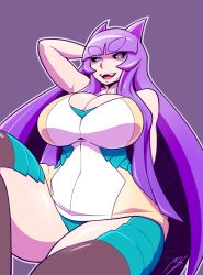 Rule 34 | 1girl, bare shoulders, black sclera, blue eyes, borrowed character, breasts, cleavage, cleavage cutout, clothing cutout, colored sclera, curvy, dress, eyebrows, fangs, highres, huge breasts, kimyouna juju, long hair, looking at viewer, nyx (orbis terra), open mouth, orbis terra, original, purple hair, short dress, sitting, sleeveless, slit pupils, smile, solo, thick eyebrows, thick thighs, thighs, very long hair, wide hips