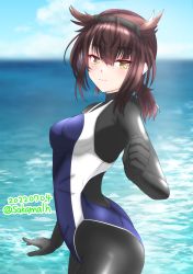 Rule 34 | 1girl, artist name, black bodysuit, black headband, blue one-piece swimsuit, blue sky, bodysuit, brown hair, cloud, competition swimsuit, dated, day, hair flaps, hatsuzuki (kancolle), headband, highres, horizon, kantai collection, nitamako (sakamalh), ocean, one-hour drawing challenge, one-piece swimsuit, outdoors, short hair, sky, solo, swimsuit, swimsuit over bodysuit, swimsuit over clothes, water, yellow eyes