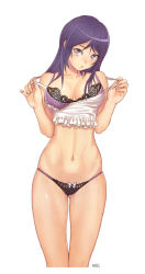 Rule 34 | 1girl, bare shoulders, bow, bow panties, bra, breasts, collarbone, groin, head tilt, karanak, lace, lace-trimmed bra, lace trim, long hair, looking at viewer, navel, no pants, off shoulder, open mouth, original, panties, purple bra, purple eyes, purple hair, shiny skin, simple background, solo, underwear, white background