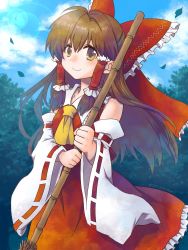Rule 34 | 1girl, ascot, blue sky, bow, broom, brown eyes, brown hair, closed mouth, cloud, detached sleeves, hair bow, hair tubes, hakurei reimu, highres, holding, holding broom, leaf, long hair, looking at viewer, mimi (ikrptppt), outdoors, red bow, red shirt, red skirt, ribbon-trimmed sleeves, ribbon trim, shirt, sidelocks, skirt, sky, smile, solo, touhou, wide sleeves, yellow ascot