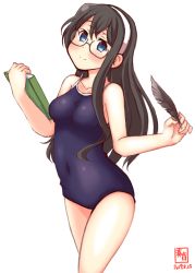 Rule 34 | 1girl, alternate breast size, alternate costume, artist logo, black hair, blue eyes, blue one-piece swimsuit, blush, book, breasts, closed mouth, collarbone, cowboy shot, dated, feet out of frame, glasses, hair between eyes, hairband, highres, holding, holding book, holding pen, kanon (kurogane knights), kantai collection, long hair, looking at viewer, medium breasts, necktie, new school swimsuit, one-piece swimsuit, ooyodo (kancolle), pen, ribbon, school swimsuit, semi-rimless eyewear, signature, simple background, smile, solo, swimsuit, under-rim eyewear, white background, white ribbon