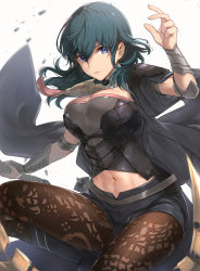 Rule 34 | 1girl, abs, arm guards, black coat, black footwear, black shorts, blue eyes, blue hair, boots, breasts, brown pantyhose, byleth (female) (fire emblem), byleth (fire emblem), closed mouth, coat, coat on shoulders, fire emblem, fire emblem: three houses, hair between eyes, haru (nakajou-28), highres, holding, holding sword, holding weapon, knee boots, large breasts, looking at viewer, navel, nintendo, open clothes, open coat, pantyhose, short shorts, shorts, simple background, smile, solo, sword, sword of the creator, tassel, thighs, vambraces, weapon, whip sword, white background
