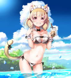 Rule 34 | 1girl, :d, animal ears, bare shoulders, bikini, blue sky, bow, breasts, brown hair, bubble tea, cat ears, cat girl, cat tail, cleavage, cloud, cloudy sky, collarbone, commentary request, cowboy shot, cuffs, day, detached collar, drinking straw, flower, grey eyes, hair flower, hair ornament, handcuffs, holding, horizon, leaning forward, looking at viewer, maid, maid bikini, maid headdress, marine day, navel, nitchi, ocean, open mouth, original, partially submerged, ribbon, short hair, side-tie bikini bottom, sky, smile, solo, swimsuit, tail, tail bow, tail ornament, tail ribbon, unconventional maid, wading