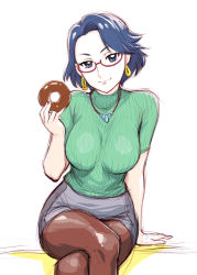 Rule 34 | 1girl, black eyes, black pantyhose, blue hair, breasts, crossed legs, doughnut, earrings, food, glasses, go! princess precure, holding, impossible clothes, impossible shirt, jewelry, mature female, necklace, pantyhose, precure, red-framed eyewear, shirt, short hair, sitting, sketch, skirt, smile, solo, tachi kyouko, ueyama michirou