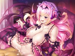 Rule 34 | 1boy, 1girl, asahi, blush, breasts, colored skin, covered erect nipples, cowgirl position, cum, curvy, demon girl, demon wings, fuuma kotarou (taimanin series), hetero, horns, large breasts, lilith-soft, looking at another, lying, mireille (taimanin asagi), naughty face, no panties, on bed, open mouth, penis, pink hair, puffy nipples, purple eyes, pussy, pussy juice, saliva, sex, shiny skin, sitting, sitting on person, smile, spread legs, straddling, sweat, taimanin (series), taimanin rpgx, vaginal, white skin, wings