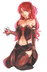 Rule 34 | 1girl, breasts, choker, cleavage, corset, earrings, elbow gloves, flower, glass, gloves, jewelry, lips, long hair, mabinogi, midriff, navel, pelvic curtain, purple eyes, red hair, rose, rua, shoes, smile, solo, strapless, thighhighs, toyger