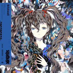 Rule 34 | 1girl, abstract, absurdres, album cover, blue eyes, brown hair, closed mouth, commentary request, cover, curly hair, denonbu, hair between eyes, hair ribbon, hair tie, hand on own chest, highres, long hair, looking at viewer, official alternate hairstyle, official art, ogami matoi, red ribbon, ribbon, second-party source, solo, tsukamoto anabone, twintails, upper body