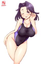 Rule 34 | 1girl, artist logo, black one-piece swimsuit, breasts, cleavage, competition swimsuit, covered navel, cowboy shot, dated, eyebrows, hand on own hip, highres, kanon (kurogane knights), kantai collection, large breasts, crossed legs, looking at viewer, medium hair, one-piece swimsuit, one eye closed, open mouth, purple eyes, purple hair, purple one-piece swimsuit, short hair, signature, simple background, smile, solo, swimsuit, tatsuta (kancolle), white background