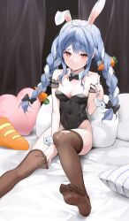 Rule 34 | 1girl, absurdres, animal ear fluff, animal ears, arm garter, bad id, bad twitter id, bare shoulders, bed sheet, black bow, black bowtie, black garter, black leotard, black thighhighs, blue hair, bow, bowtie, braid, breasts, carrot hair ornament, carrot-shaped pillow, chii (chiiriring), cleavage, collar, collarbone, covered navel, curtains, detached collar, dot nose, extra ears, feet, food-themed hair ornament, foot out of frame, frilled garter, hair bow, hair ornament, hand under clothes, heart, heart-shaped pillow, highleg, highleg leotard, highres, hololive, index finger raised, leotard, long hair, looking at viewer, multicolored hair, no shoes, pillow, playboy bunny, rabbit ears, rabbit girl, red eyes, see-through, see-through legwear, short eyebrows, sidelocks, sitting, small breasts, soles, solo, strapless, strapless leotard, swept bangs, thick eyebrows, thighhighs, thighs, toes, twin braids, two-tone hair, usada pekora, virtual youtuber, white collar, white hair, white wrist cuffs, wrist cuffs